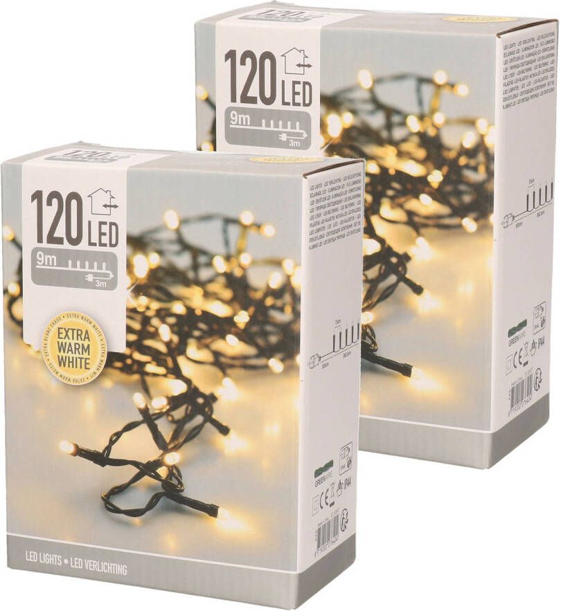 Merkloos Set van 2x stuks kerstverlichting extra warm wit buiten 120 lampjes 900 cm Kerstverlichting kerstboom