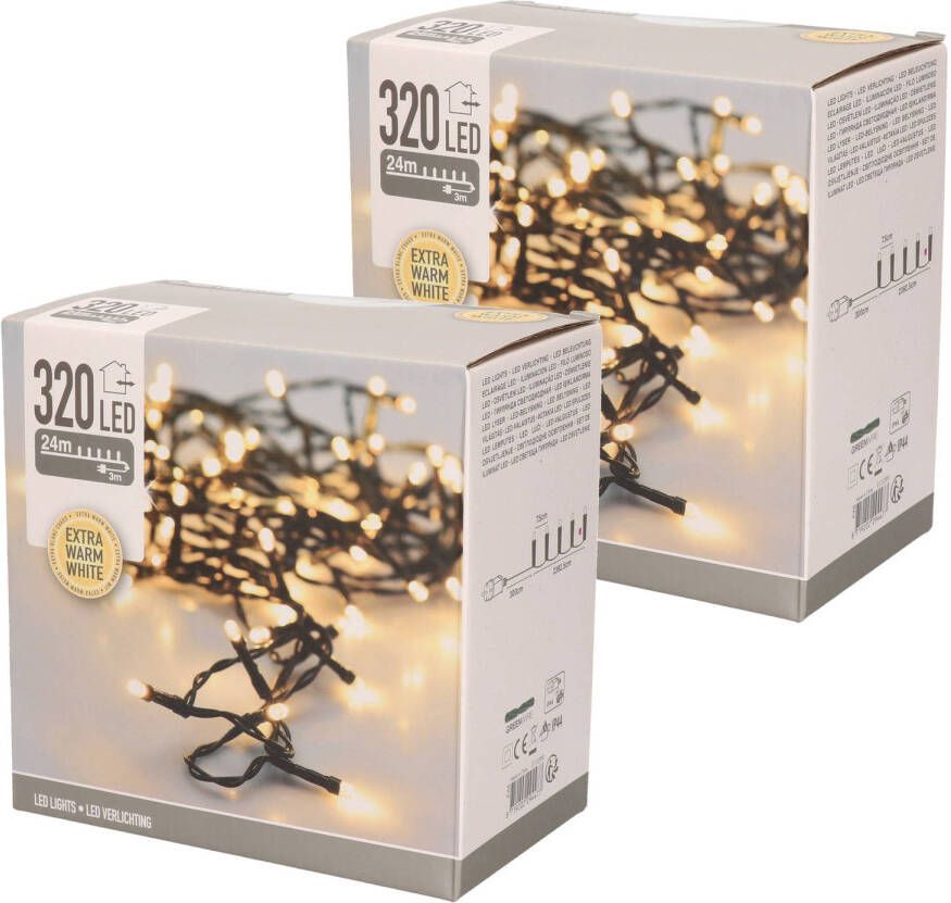 Merkloos Set van 2x stuks kerstverlichting extra warm wit buiten 320 lampjes 2400 cm Kerstverlichting kerstboom