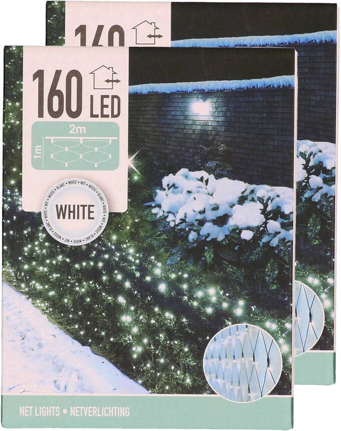 Merkloos Set van 2x stuks kerstverlichting lichtnetten netverlichting 200 x 100 cm helder wit Kerstverlichting lichtgordijn