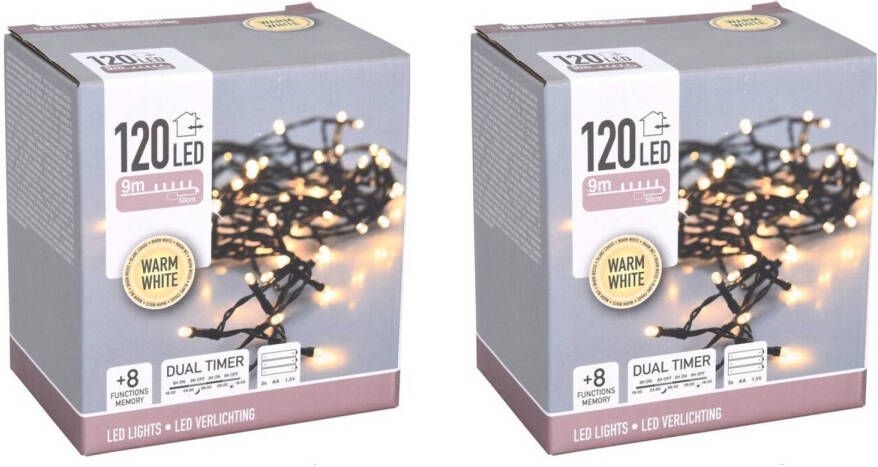 Merkloos Set van 2x stuks kerstverlichting op batterij warm wit buiten 120 lampjes Lichtsnoeren