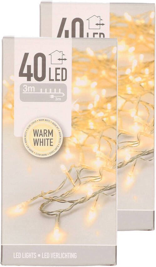 Merkloos Set van 2x stuks kerstverlichting transparant snoer met 40 lampjes warm wit 300 cm Kerstlampjes kerstlichtjes binnen buiten Kerstverlichting kerstboom