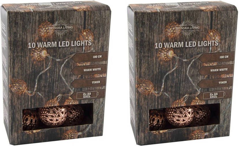Merkloos Set van 2x stuks lichtsnoer met 10 metalen balletjes koper op batterijen 100 cm Kerstverlichting sfeerverlichting Lichtsnoeren