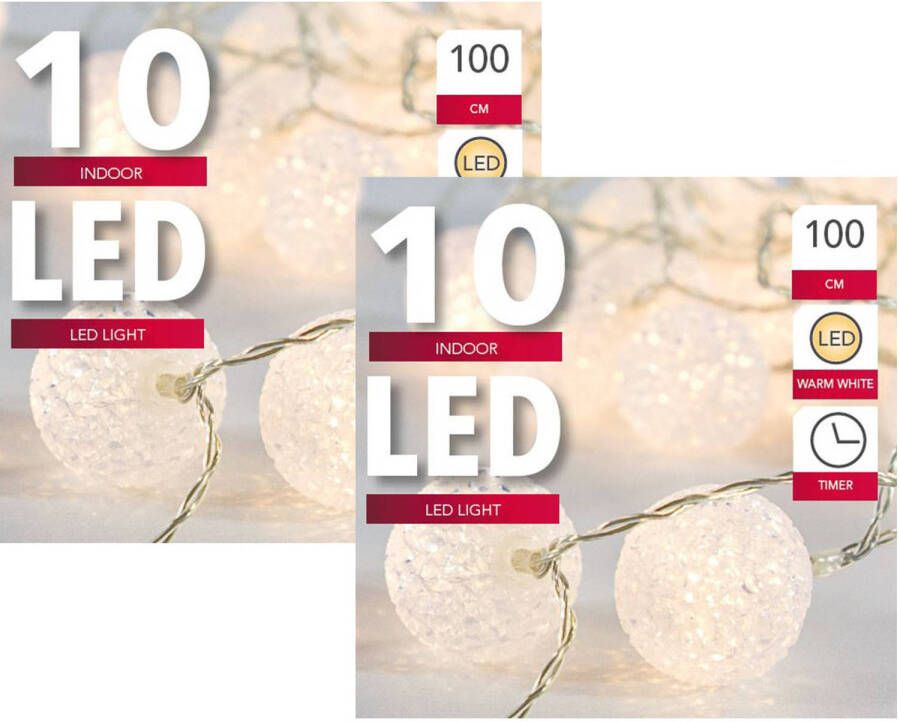 Merkloos Set van 2x stuks lichtsnoer met 10 witte bolletjes warm wit op batterij met timer 135 cm Kerstverlichting Lichtsnoeren