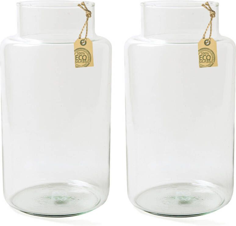 Merkloos Set van 2x transparante melkbus vaas vazen van eco glas 19 x 35 cm Gerecycled glas Woonaccessoires woondecoraties Glazen bloemenvaas Vazen