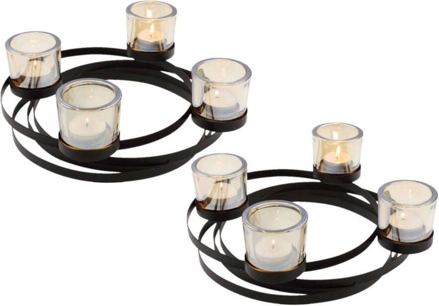 Merkloos Set van 2x stuks metalen design theelichtjes kaarsenhouder zwart 28 x 7 cm Waxinelichtjeshouders