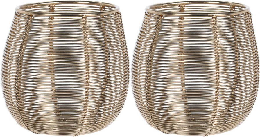Merkloos Set van 2x stuks metalen design windlicht kaarsenhouder goud 9.5 cm Theelichtjes waxinelichtjes kaarsen houder Windlichten