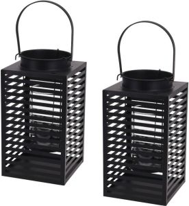 Merkloos Set van 2x stuks metalen lantaarn windlicht kaarshouder zwart 12 x 24 5 cm Kaarslantaarns Lantaarns