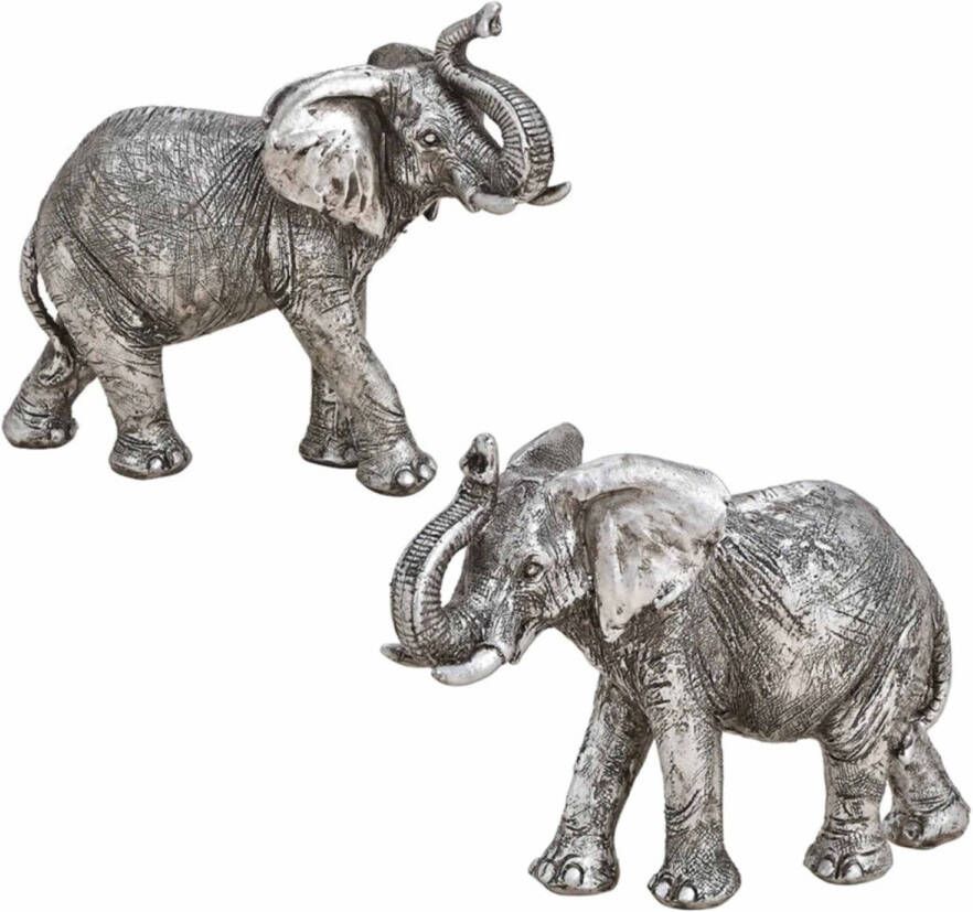 Merkloos Set van 2x stuks Olifanten woondecoratie dieren beeldjes zilver 21 x 17 x 7 cm en 16 x 12 x 6 cm Beeldjes