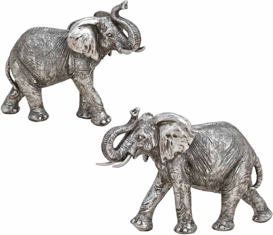 Merkloos Set van 2x stuks Olifanten woondecoratie dieren beeldjes zilver 21 x 17 x 7 cm en 28 x 19 x 10 cm Beeldjes