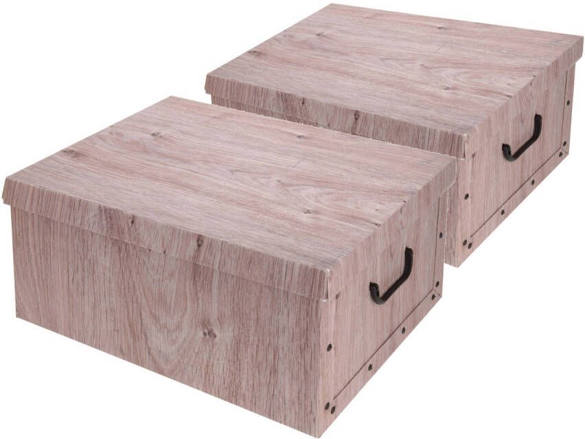Storage Solutions Set van 2x stuks opbergdoos opberg box van karton met hout print bruin 37 x 30 x 16 cm Doos met deksel en handvatten Opbergbox