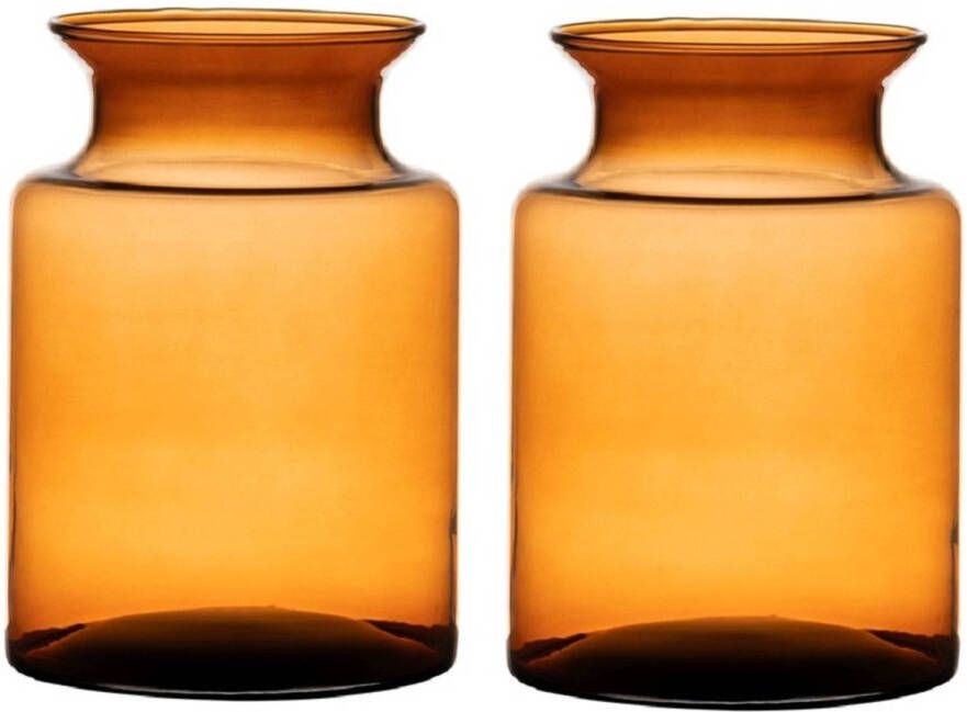 Merkloos Set van 2x stuks oranje transparante stijlvolle melkbus vaas vazen van glas 20 cm Bloemen boeketten vaas voor binnen gebruik Vazen