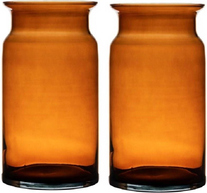 Merkloos Set van 2x stuks oranje transparante stijlvolle melkbus vaas vazen van glas 29 cm Bloemen boeketten vaas voor binnen gebruik Vazen