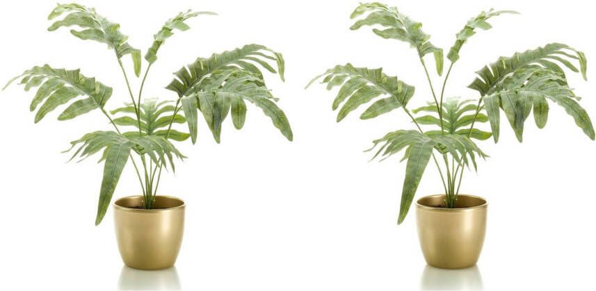 Merkloos Set van 2x stuks Phlebodium kunstplant grijs groen 67 cm in gouden pot Kunstplanten