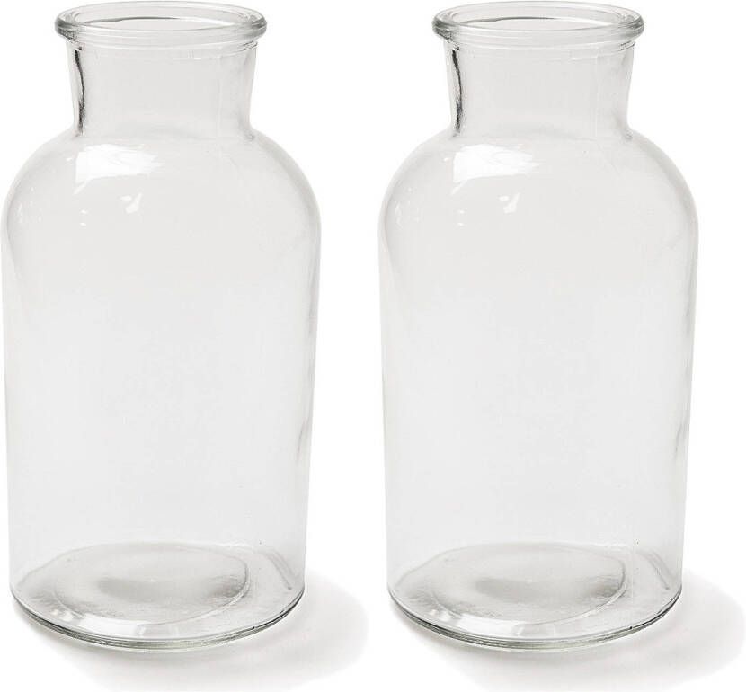 Merkloos Set van 2x stuks transparante melkbus vaas vazen van glas 10 x 20 cm Woonaccessoires woondecoraties Glazen bloemenvaas Boeketvaas Vazen