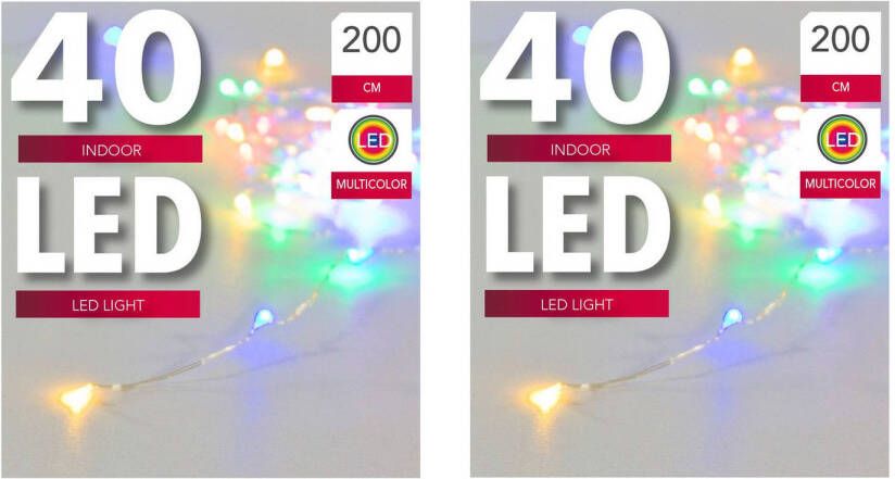 Merkloos Set van 2x stuks verlichting lichtdraad zilver 40 gekleurde lampjes op batterijen 200 cm Lichtsnoeren Kerstverlichting Lichtsnoeren