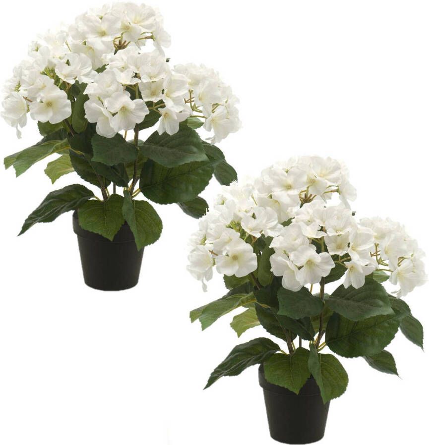 Merkloos Set van 2x stuks witte hortensia Hydrangea Macrophylla kunstplanten in kunststof pot 40 cm Kunstplanten
