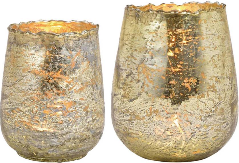 Merkloos Set van 2x windlicht kaarsenhouder glas champagne goud 2 formaten Waxinelichtjeshouders