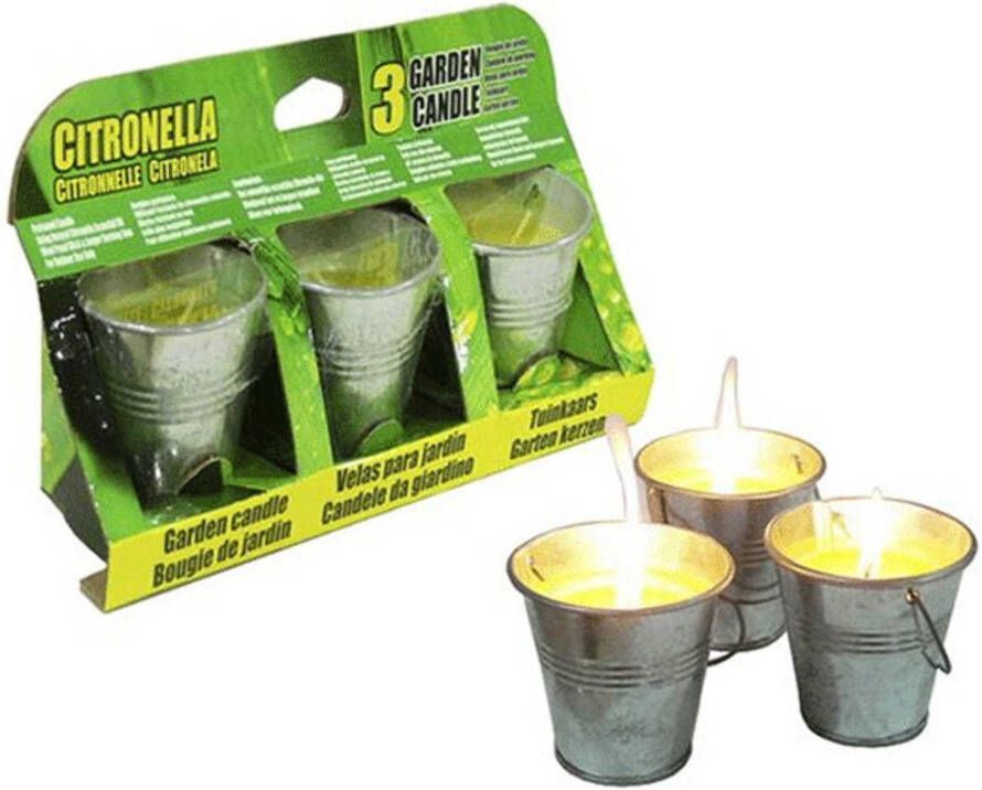 Merkloos Citronella kaarsjes set van 3x stuks in emmertjes Anti insecten en muggen kaarsen geurkaarsen