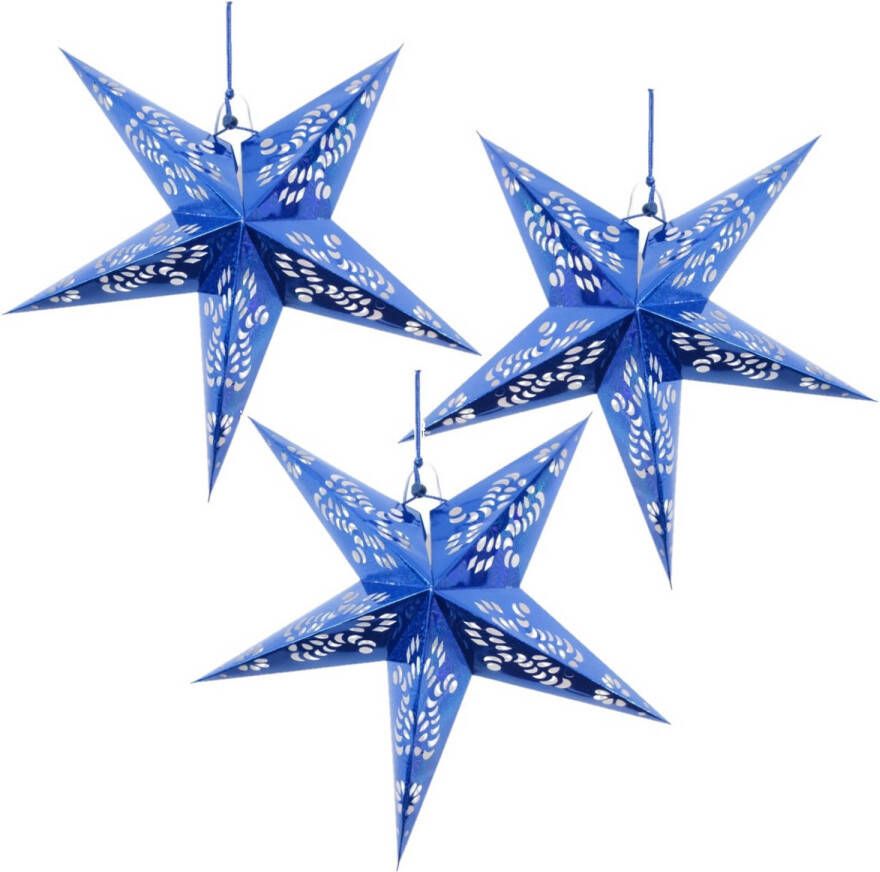 Merkloos Set van 3x stuks decoratie kerstster lampionnen blauw 60 cm Kerststerren