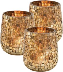 Merkloos Set van 3x stuks glazen design windlicht kaarsenhouder mozaiek champagne goud 11 x 10 cm Waxinelichtjeshouders