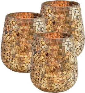 Merkloos Set van 3x stuks glazen design windlicht kaarsenhouder mozaiek champagne goud 15 x 13 cm Waxinelichtjeshouders