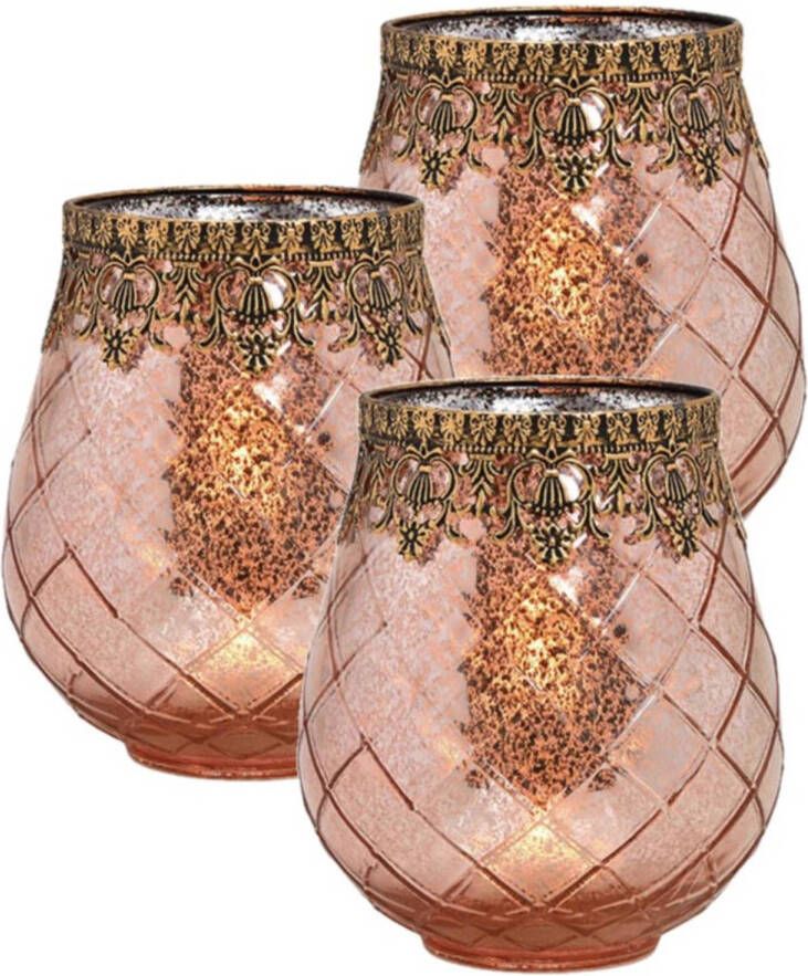 Merkloos Set van 3x stuks glazen design windlicht kaarsenhouder rose goud 16 x 18 x 16 cm Waxinelichtjeshouders