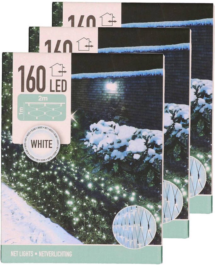 Merkloos Set van 3x stuks kerstverlichting lichtnetten netverlichting 200 x 100 cm helder wit Kerstverlichting lichtgordijn