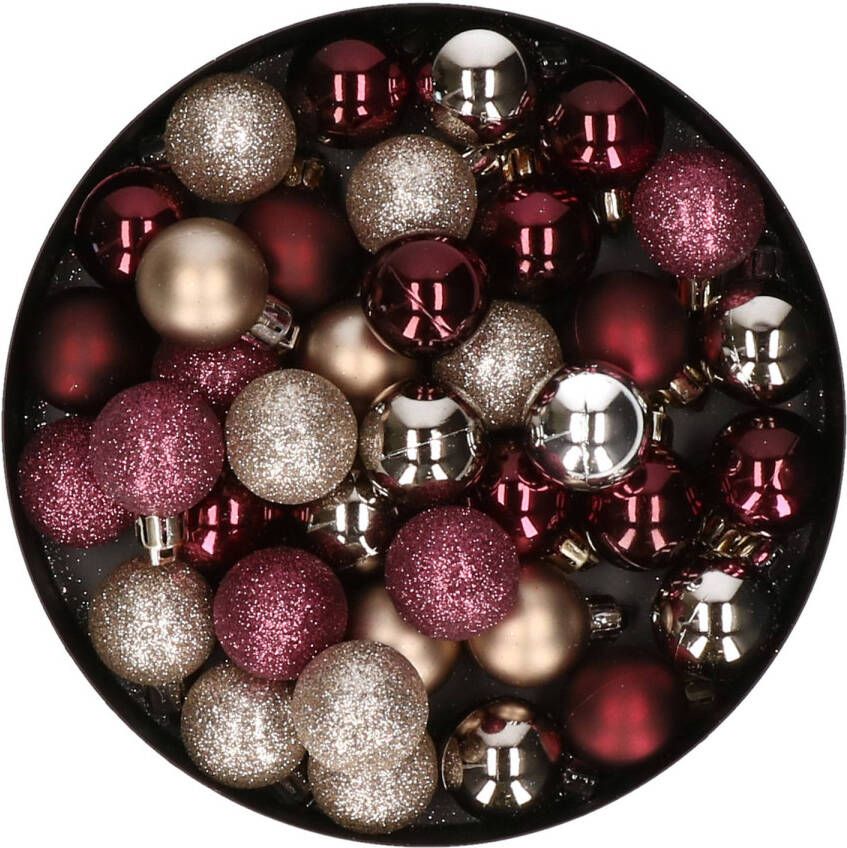Merkloos Set van 40x stuks kunststof kerstballen mix champagne en aubergine paars 3 cm Kerstbal