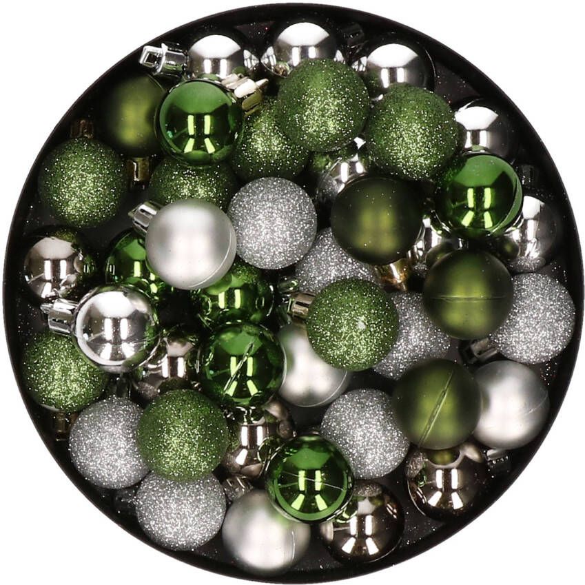 Cosy & Trendy Kleine kunststof kerstversiering 40x stuks set en 3 cm kerstballen in het zilver en groen Kerstbal