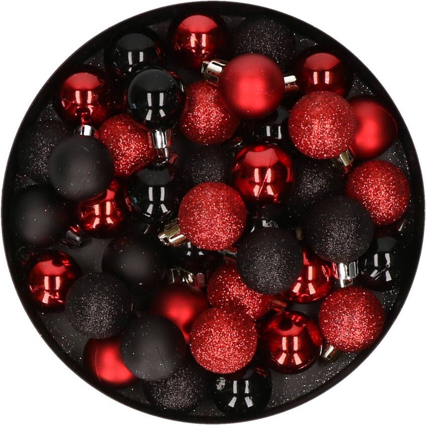 Merkloos Set van 40x stuks kunststof kerstballen mix zwart en rood 3 cm Kerstbal