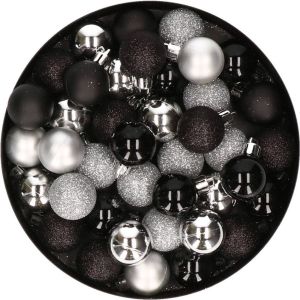 Merkloos Set van 40x stuks kunststof kerstballen mix zwart en zilver 3 cm Kerstbal