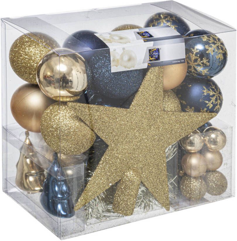 Merkloos Set van 43x stuks kunststof kerstballen met ster piek champagne blauw mix Kerstbal