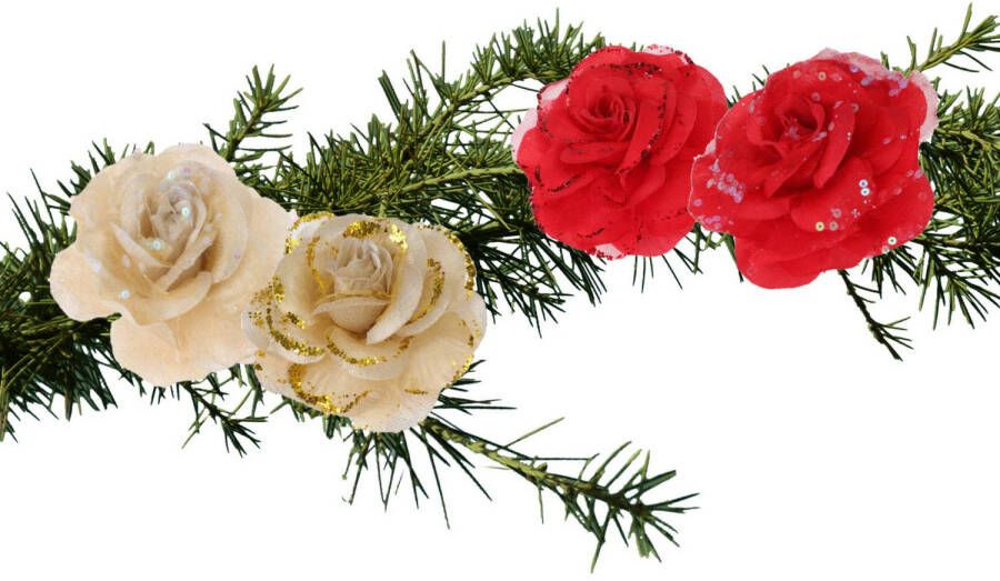Merkloos Set van 4x stuks decoratie bloemen rozen goud en rood op clip 9cm Kersthangers