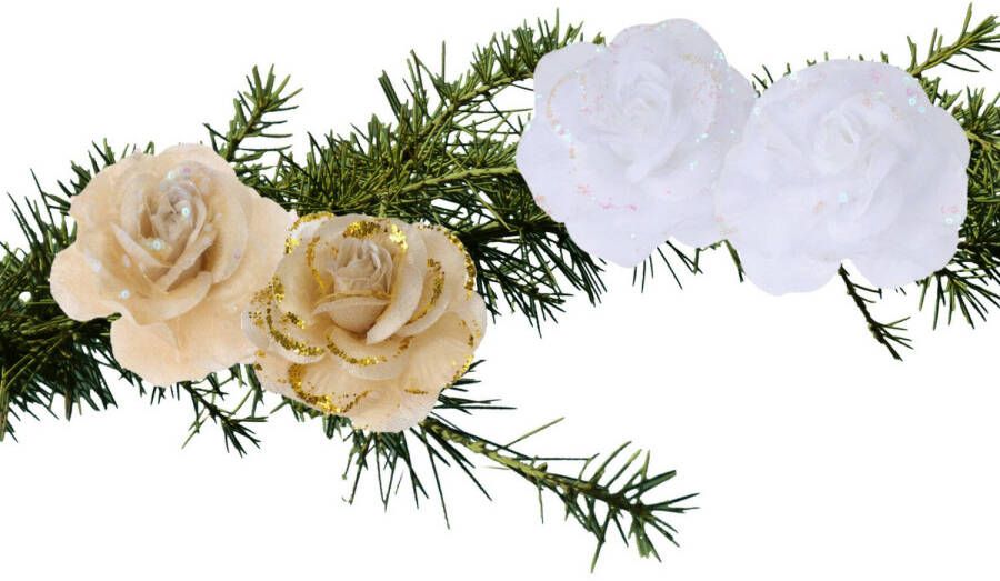 Merkloos Set van 4x stuks decoratie bloemen rozen goud en wit op clip 9cm Kersthangers