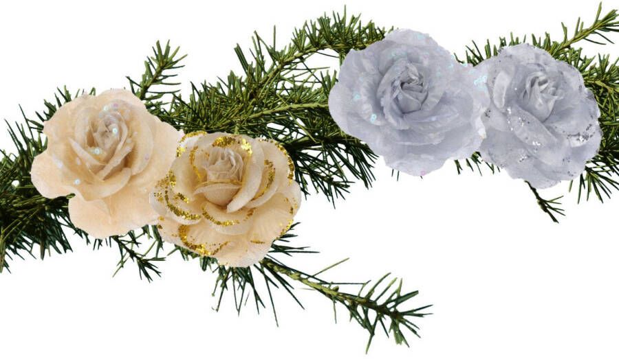 Merkloos Set van 4x stuks decoratie bloemen rozen goud en zilver op clip 9cm Kersthangers