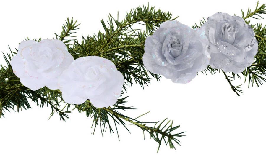 Merkloos Set van 4x stuks decoratie bloemen rozen wit en zilver op clip 9cm Kersthangers