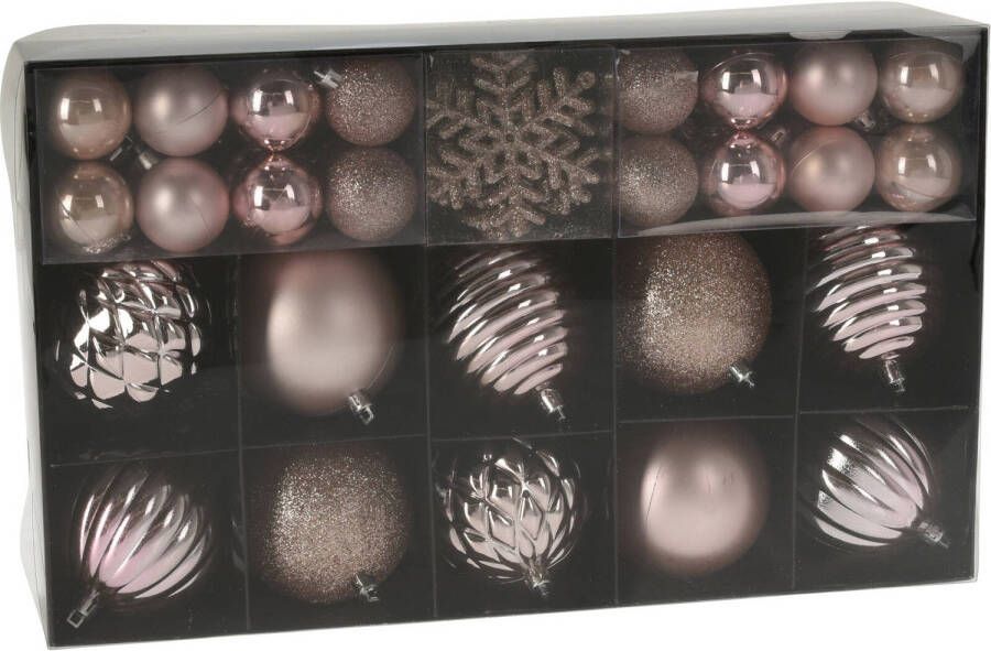 Merkloos Set van 50x stuks kunststof kerstballen en sneeuwvlok kersthangers roze Kerstbal