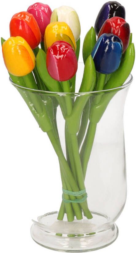Merkloos Set van houten tulpen boeket 20 cm met vaas 15 cm Kunstbloemen
