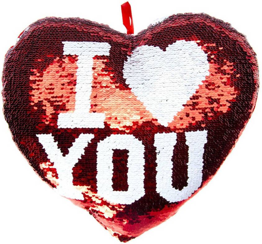 Merkloos Sierkussen hartje I Love You rood metallic met draaibare pailletten 35 cm Sierkussens