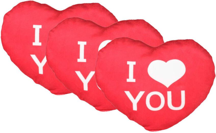 Merkloos Sierkussentje Valentijn I Love You hartje vorm 3x rood 30 cm Knuffelkussen