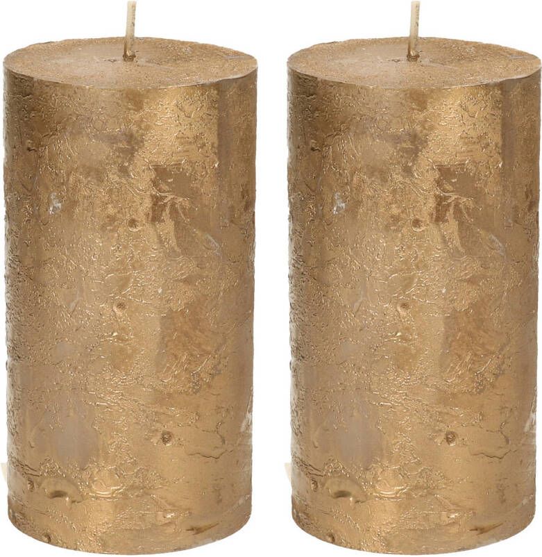 Merkloos Stompkaars cilinderkaars 2x goud 7 x 13 cm rustiek model Stompkaarsen