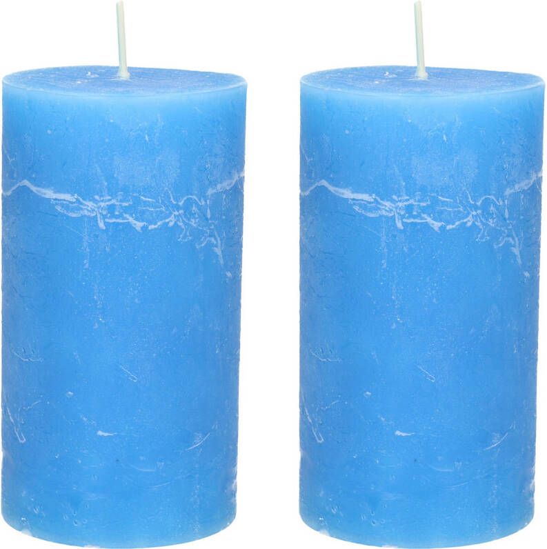 Merkloos Stompkaars cilinderkaars 2x helder blauw 7 x 13 cm rustiek model Stompkaarsen