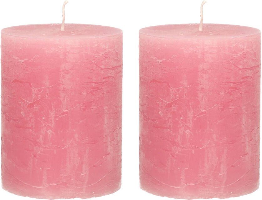 Merkloos Stompkaars cilinderkaars 2x oud roze 7 x 9 cm middel rustiek model Stompkaarsen