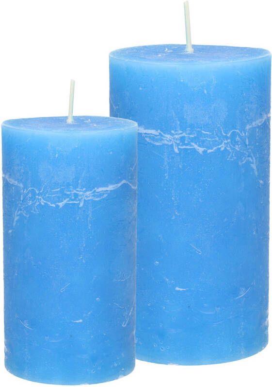 Merkloos Stompkaarsen cilinderkaarsen set 2x blauw rustiek model Stompkaarsen
