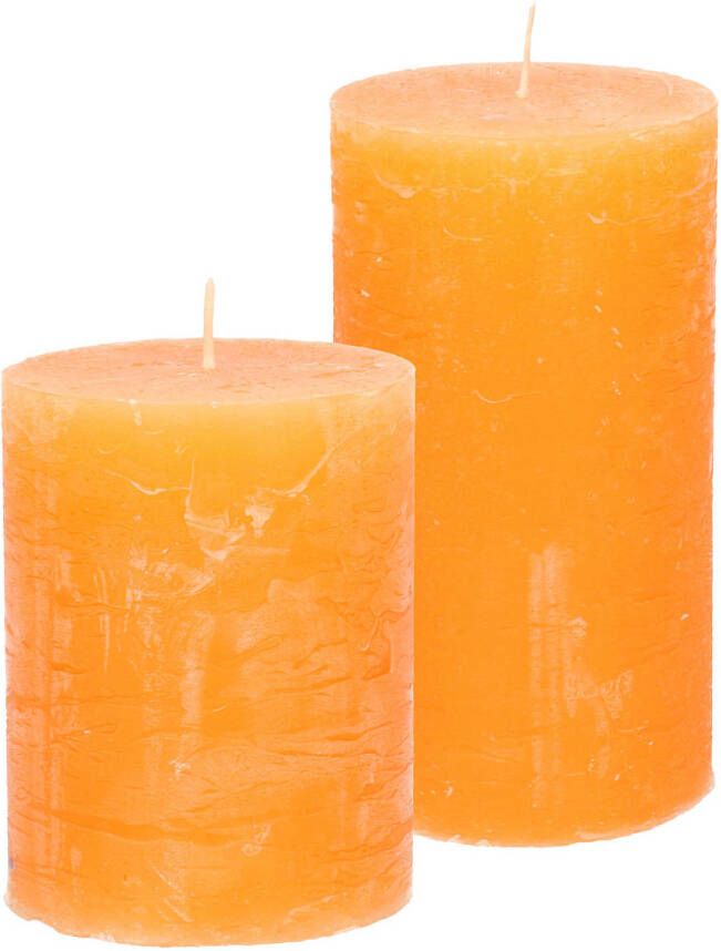 Merkloos Stompkaarsen cilinderkaarsen set 2x oranje rustiek model Stompkaarsen