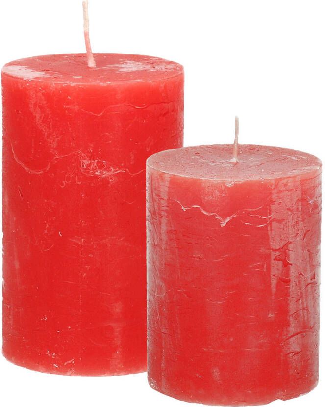 Merkloos Stompkaarsen cilinderkaarsen set 2x rood rustiek model Stompkaarsen