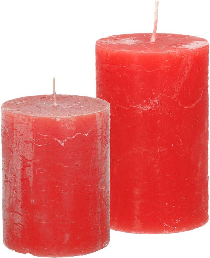 Merkloos Stompkaarsen cilinderkaarsen set 2x rood rustiek model Stompkaarsen