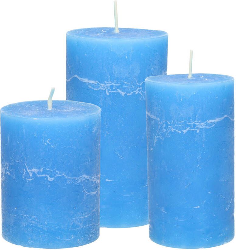 Merkloos Stompkaarsen cilinderkaarsen set 3x blauw rustiek model Stompkaarsen