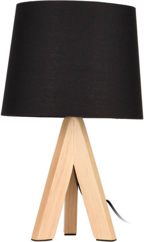 Excellent Houseware Tafellamp schemerlampje zwarte kap en houten poten 29 cm Tafellampen