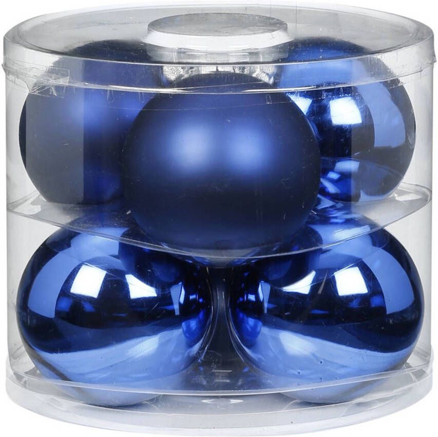 Merkloos Tube met 12 blauwe kerstballen van glas 10 cm glans en mat Kerstbal